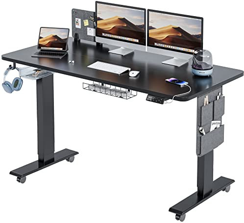 MAIDeSITe Electric Standing Desk Height Adjustable Standing Desk Sit Stand Desk Stand Up Desk with Drawer and 140 * 70cm Desktop for Home Office, Black Frame+ Black Desktop