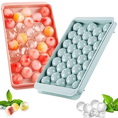 Lot de 2 bacs à glaçons en avec couvercle, peu encombrant et empilable, certifié LFGB et sans BPA, bacs à glaçons ronde faciles à retirer (Bleu+Rose)
