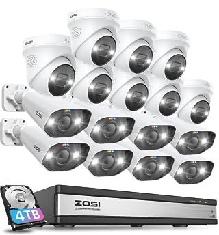 ZOSI 16CH 4K PoE CCTV Camera System, 16pcs 8MP Outdoor PoE IP Cameras with 2-Way Audio, 4K H.265+ NVR with 4TB Hard Drive, Color Night Vision, AI Human Detection, Smart Light Siren