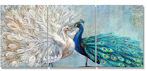 sechars 3 Stück Pfauen-Leinwand-Wandkunst, Vintage-Stil, blau-weiß, Pfauenfeder-Gemälde, Bild, Kunstwerk für Zuhause, Wohnzimmer, Schlafzimmer, Dekoration, fertig zum Aufhängen
