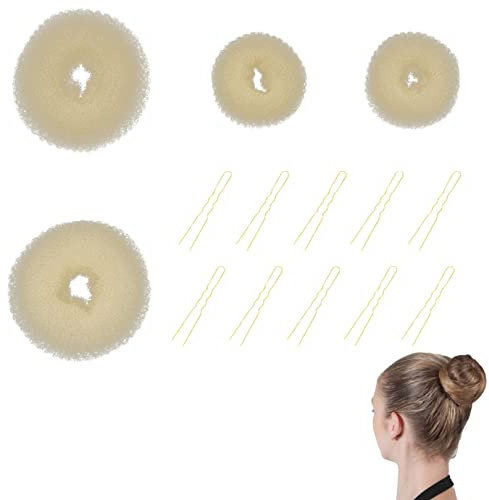 Duttkissen, 14 Stück Hair Bun Maker Set, 4 Stück Haarschmuck Knotenkissen mit 10 u-förmige Haarnadeln, Haardonut Dutt Hilfe für Kinder Frauen Mädchen(Beige,Gold)