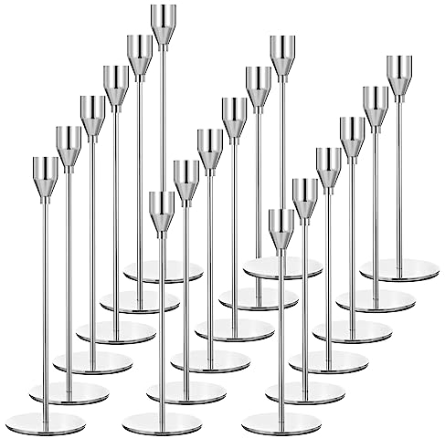 Set mit 18 silbernen Kerzenhaltern, Kerzenhalter aus Metall, hoher Kerzenständer für Spitzkerzen, Kerzenhalter für 3/4 Zoll Dicke Kerzen für Hochzeit, Wohnzimmer, Esszimmer (Silber)