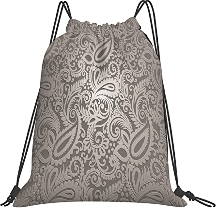 DELURA Wasserdicht Turnbeutel mit Kordelzug,Silber, traditionelles Paisley-Muster Altmodisch, Kordelzug Rucksack Sportbeutel Sporttasche für Damen Herren