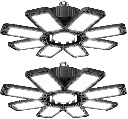 Éclairage LED Garage 210W 21000 Lumen, 2PC Lampe Atelier Plafonnier, Déformable à 8+1 Panneaux Ajustables, E26/E27 Plafond LED Pour Sous-sol, Entrepôt, Magasin