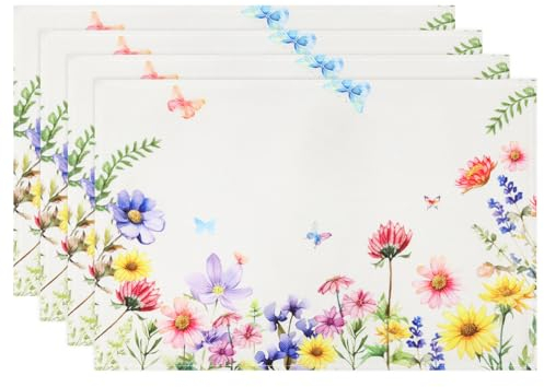 Arquiel Platzset 4er Set, Tischsets Blumen Blätter Schmetterling Aquarell Abwischbar Hitzebeständige Placemats für Esstisch Dekoration, Feiertage für Essen, Buffetpartys(33 * 48cm)