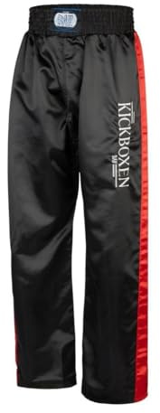 BAY Edel Stick Kickboxhose Schwarz/Rot für Kinder und Erwachsene 6XS - XXL | Lange Kampfsporthose, gestickter Schriftzug am Hosenbein, elastischer Gummizugbund mit Tunnelzug für sicheren Halt