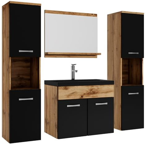 Badplaats B.V. Meuble de Salle de Bain Montreal XL 60 cm lavabo Chene, Noir Mat, lavabo Noir - Armoire de Rangement Meuble lavabo evier Meubles