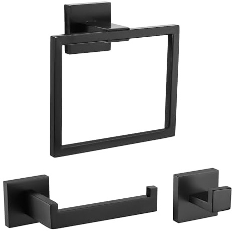 TURS 3 Pieces Towel Ring Toilet Roll Holder and Towel Rail Set,Matte Black | SUS304 Stainless Steel Wall-mounted Toilet Hand Towel Holder Waterproof and Rust-proof Towel Hook