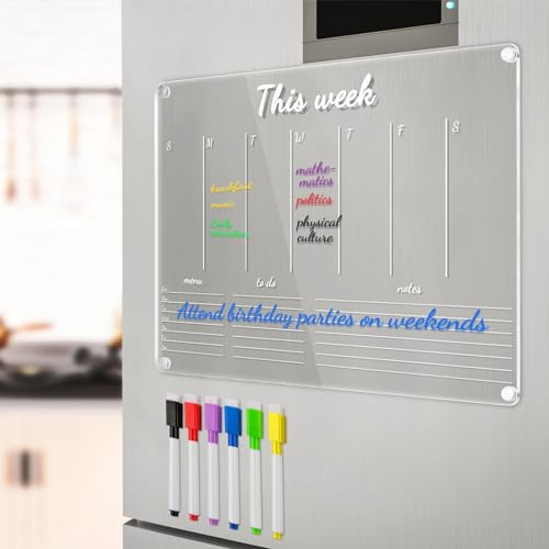 Aila Monthly Planner Fridge Calendar 2024 Magnetic Fridge Whiteboard Weekly Reusable Planner Whiteboard Calendar for Fridge Acrylic Fridge Monthly Planner Whiteboard Plus 6 Dry Wipe Markers