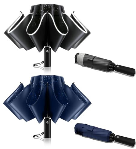 Trenovo Lot de 2 parapluies inversés coupe-vent avec bande réfléchissante, parapluie compact et inversé pour la pluie, grand parapluie pliable et portable pour sac à dos de voiture