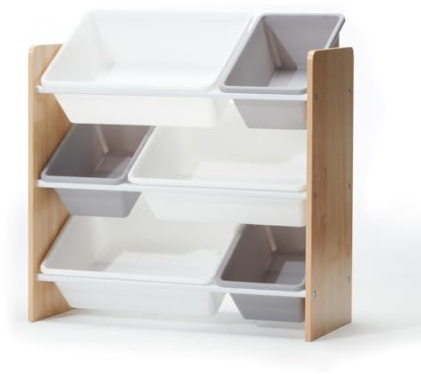 Kidoz Wooden Toy Storage Unit with 6x Removable Toy Boxes - Children's Toy Organiser, 3 Shelves - 2 Sizes of Storage Bins for Toys & Books - Ideal for Bedroom, Nursery or Playroom (Natural Wood)