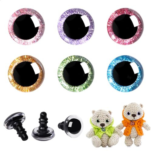 MUCUNNIA 48 Stück 25 mm 3D-Glitzer-Kunststoff-Sicherheitsaugen für Amigurumi, Trapez, Basteln, Häkelpuppenaugen mit Unterlegscheiben, Stofftieraugen für Puppen, Bär, Plüschtier, Halloween-Dekorationen