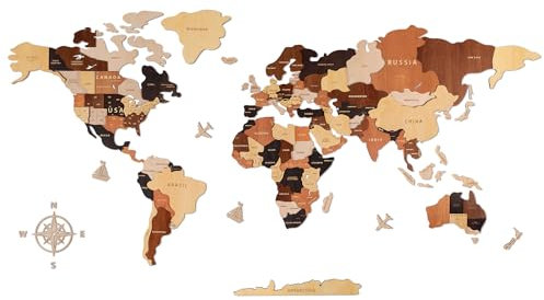 Creawoo Carte du Monde en Bois 3D pour Décoration Murale, Grande Carte du Monde Décoration Murale de Salon, Chambre, Bureau, Carte du Monde de Voyage en Bois Multicouche Multicolore-100x57cm