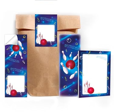 12 Lesezeichen + 12 Mini-Notizblöcke je 25 Blätter A7 + 12 Tüten (natur) + 12 Aufkleber Set Gastgeschenk Mitgebsel zum Kindergeburtstag Motto-Party Jungen Jungs Boys Mädchen Schule Bowling neon