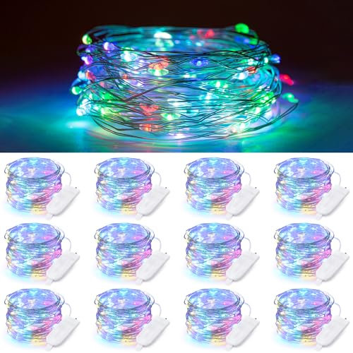 Encham 12 Stück Lichterkette Batterie Bunt Lichterketten aus Kupferdraht 2m 20 LED Knopfzelle Partybeleuchtung für Weihnachten Halloween Party Hochzeiten Innen und Außen Weihnachtsdeko