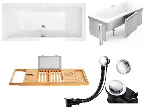 KOLMAN KOMPLETTSET 5in1 Acryl Weiß Wanne Badewanne Rechteck 190x90 cm QUADRO Made in EU + Styroporverkleidung + Badewannentablett Bambus Holzablage, Premium Ablaufgarnitur in Chrom & Wannenfüße
