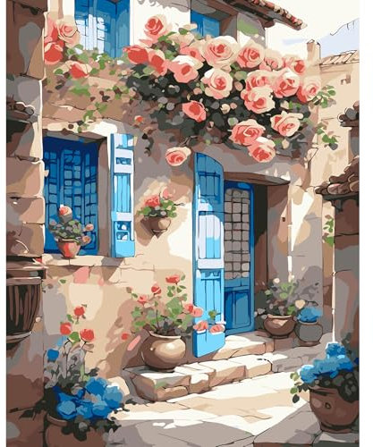 feelive Fleurs Peinture par Numéro pour Adulte, Maisons Kit de Peinture à l'huile sur Toile Bricolage pour Débutants Avec Pinceau Pigment Acrylique 30x40cm