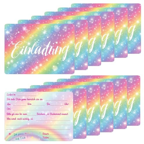 YILANJIN 12 Einladungskarten zum Kindergeburtstag, Regenbogen Glitzer, Coole Einladung für Mädchen und Jungen, Witzige Kinder Einladungskarte