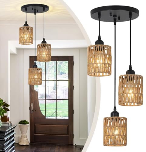 CRFASIBE 3 Flammig Pendelleuchte Rattan, Boho Esstisch Lampen Hängend, Pendelschnur Verstellbar, Vintage Pendelleuchten für Wohnzimmer Schlafzimmer Küche (Schwarz)