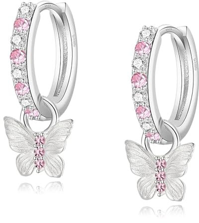 Ohrringe für Mädchen Kinder Creolen Nickelfrei 925 Sterling Silber mit Schmetterling Anhänger Mädchenohrringe Charm Design Hypoallergen Silberohrringe Rosa