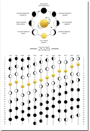 Calendrier lunaire 2025,2025 - Affiche murale - Décoration astrologique - Suivi de la lune - Affiche murale lunaire foncée - Décoration murale et art (30,5 x 45,1 cm, sans cadre)