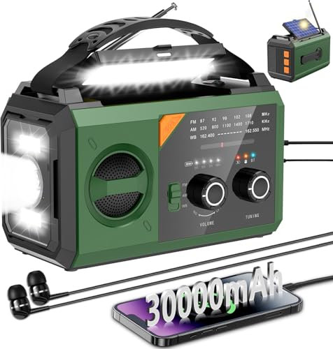 Radio meteorológica de emergencia de 30000 mAh con altavoz inalámbrico, 111000 mWh NOAA AM FM Radio solar con linterna, cargador de teléfono celular, brújula, lámpara de lectura SOS para camping y