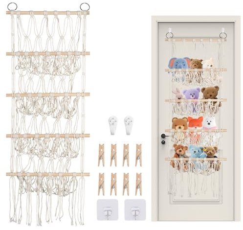 Qivine 4 Lagen Kuscheltier Aufbewahrung Hängend, Bohemian Stofftier Aufbewahrung für Plüschtier, 38cm Makramee Regal für Kinderzimmer, Wohnzimmer, Schlafzimmer