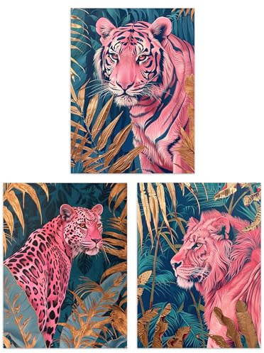 Artery8 Set of 3 Pink Tiger Leopard Lion Gold Teal Jungle Living Room A4 Size Wall Art Prints Pack