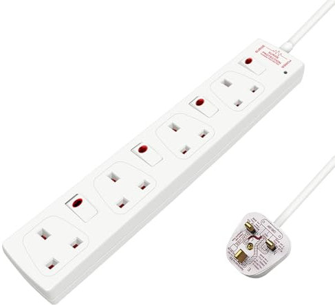 EXTRASTAR 4 Way Extension Lead Surge Protection, Individually Switched Extension Socket 13A UK Plug, 4 Gang Wall Mounted Extension Cable 1M White