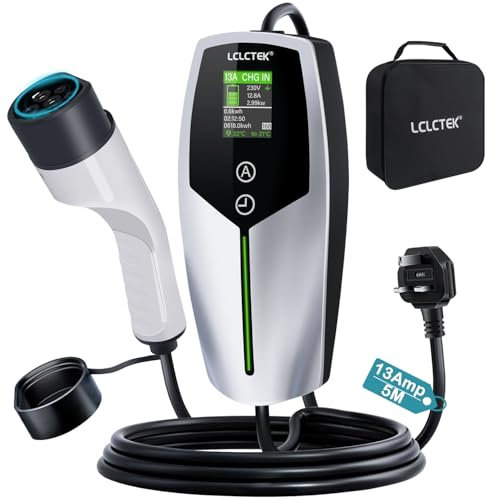 LCLCTEK® 3KW EV Charger Cable Type 2 to 3 Pin Plug 5-meter,Portable UK 3 Pin EV Charger,Electric Car Charger [6/8/10/13A],Car-Charger with LED Display, IP65 Waterproof,Type 2 Cable EVs and PHEV