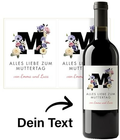 Flaschenetiketten Muttertag selbst gestalten – 2 Aufkleber mit Namen selbst gestalten – selbstklebend, wasserfest – Sticker für Wein, Sekt Geschenk – personalisiertes Muttertagsgeschenk – BLUMEN