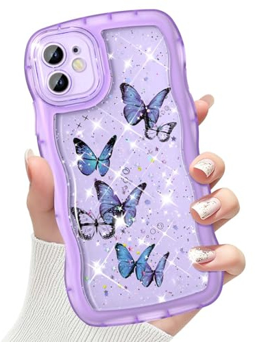 CASBST Compatible with iPhone 12 Case for Women Girls, Cute Curly Wave Frame with Bling Glitter Butterfly Pattern, Full Camera Protection, Slim TPU Aesthetic Clear Phone Case for iPhone 12, Purple