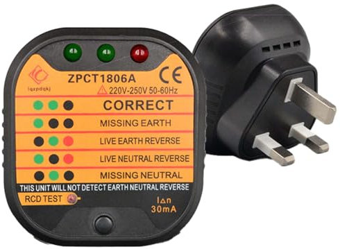 Socket Testers, UK 220-250V Plug Tester with LED Indicator Lights, Portable Automatic RCD Outlet Tester Suitable for Power Polarity Testing, Leakage Current Testing