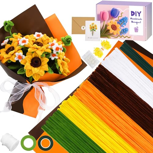 UUEMB 400 Pfeifenreiniger Blumen Set, Pfeifenputzer Zum Basteln Orange | 5 Farben 30cm chenilledraht mit geschenkpapier und reich zubehör, DIY blumensträuße und kreative bastelarbeiten dekoration