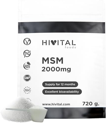 MSM 2000 mg. Pack de 720 g. para 1 año de tratamiento. Metilsulfonilmetano 100% vegano. Para la salud articular, cartílagos y huesos. Mejora la piel, cabello y uñas. Fabricado en España por HIVITAL