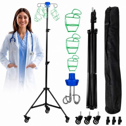 IV Drip Infusion Stand, Collapsible IV Tripod Pole Bottle Stand | Portable Mobile IV Pole 190cm/75in, Adjustable Heigh with 4 hooks and 3 locking casters, Mobile IV Polefor Hospitals Clinic