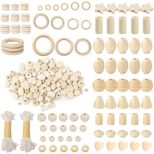 147 piezas Cuentas de Madera Macramé Juego de Anillos y Bolas de Madera