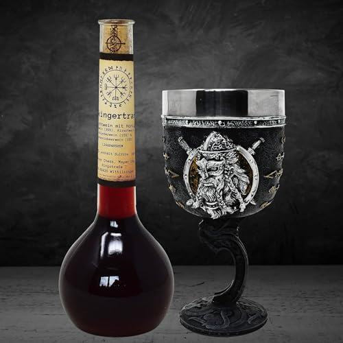 MystiCalls Geschenkset mit XL Wikingerkelch inklusive Elixierflasche Wikingertrank Mehrfruchtwein - Viking, Geschenk, Met, Keltisch
