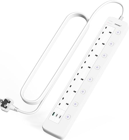 TOPREK 7 Plug Extension Lead with USB Slots, 2100J Surge Protected, 2M Cord | 8 Individual Switches+2USB-C+1USB-A, 13A/250V/3250W, Plug Extension Lead for Home, Garage & Workshop
