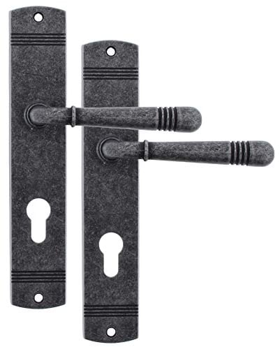 ToniTec Langschildgarnitur Türbeschlag 1 Paar LS Türgriffe Drückergarnitur Türbeschläge Modell: Amy (Antik Grau, PZ (Profilzylinder))