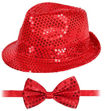 Alsino Glitzerhut mit Party Fliege Bowtie in Rot Karneval Party Set Pailletten Trilby Hut Fasching