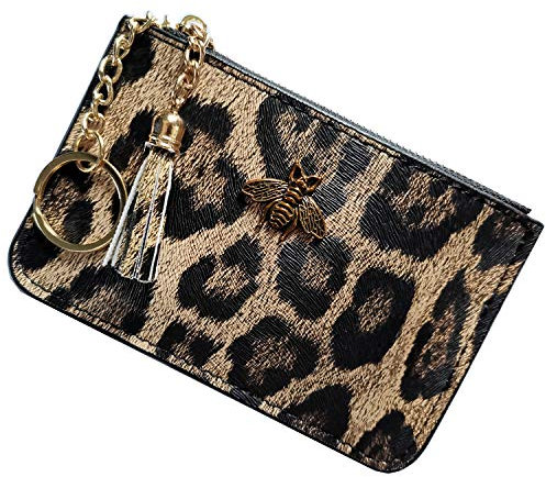 AnnabelZ Porte-monnaie en cuir pour femme avec fermeture éclair et porte-clés, léopard, Small