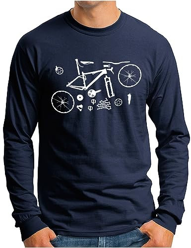 OM3® Mountain-Bike-Parts Langarm Shirt - Herren - MTB Bicycle Fahrrad Teile Radsport Radfahrer - Navy, L
