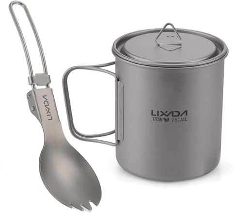 Lixada 300ML / 350ML / 550ML / 650ML Cookware Set Ultralight Titanium Cup with Dinner Folding Spork Tableware for Camping Hiking Hiking (750ml)
