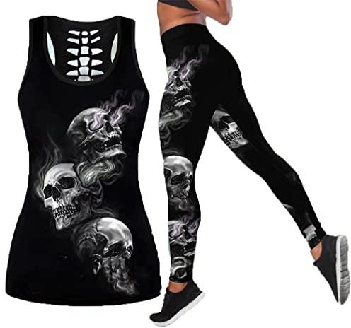 3D gedrucktes Totenkopf rauchen hohl Tanktop Frauen Sexy Weste Mädchen Tank Tops Yoga Leggings Sport Set, Tanktops und Leggings, 42
