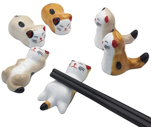 GeeStone 6 Pack Chopsticks Rest Set, Ceramic Chopsticks Holder Rack Spoon Stand Knife Fork Holder for Dinner Home Kitchen (Cute Cat)