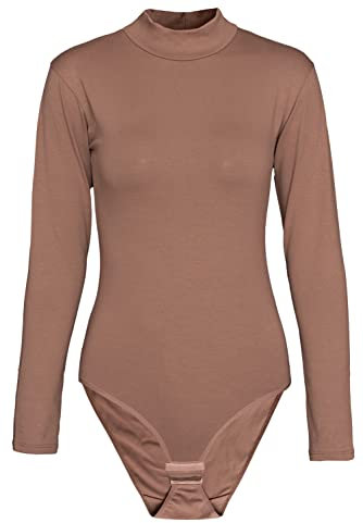 Evoni Damen Body langarm I blickdichter Bodysuit mit Halbkragen für Frauen I Langarmbody aus Baumwolle I Women Body Shaper I Jumpsuit XL Braun