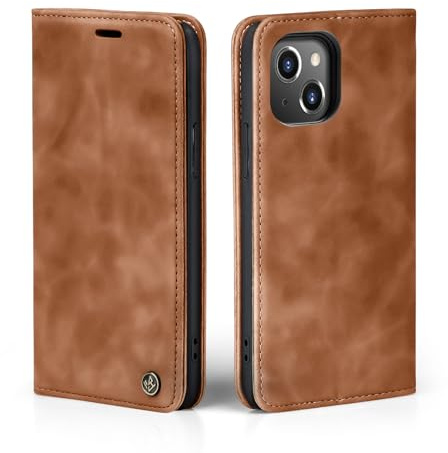 LBH Handyhülle für Apple iPhone 14 in Hellbraun mit Karten- und Geldfach Smartphone Hülle mit Standfunktion Flip Case Schutzhülle Magnetverschluss Vintage