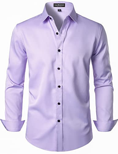 LucMatton Men's Stylish Stretch Wrinkle-Free Dress Shirt Formal Long Sleeve Slim Fit Button Down Shirts for Wedding Party Light Purple XX-Large