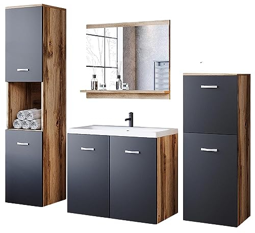 MINIO go for it - Badmöbel Set 4-Teilig Molo, 1x Badezimmer Spiegel mit Ablage, 1x Waschtisch mit Unterschrank, 2X Hängeschrank, Badezimmermöbel Set, Wotan Eiche und Schwarz Graphit